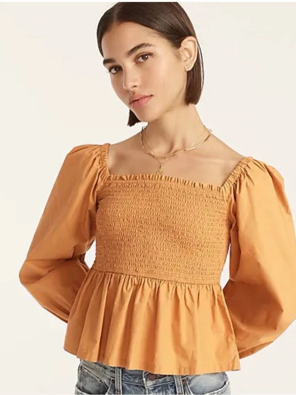 J. Crew Smocked Square-Neck Peplum Top in Mustard Gold, Women’s Size M